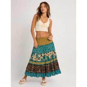 Y2K Calvin Klein Silk Tiered Maxi Skirt Boho Floral Polka Dot Mixed Print Size 8